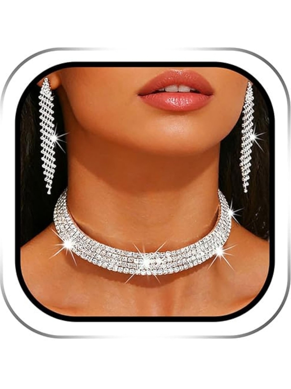 Silver Crystal Rhinestone Choker Necklace and Drop Earrings Set